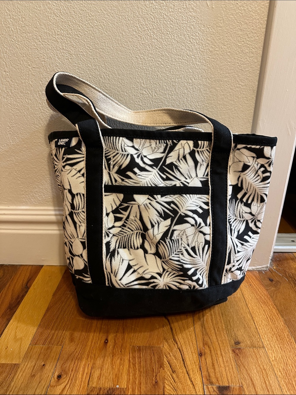 Lands' End Black and White Tropical Canvas Tote